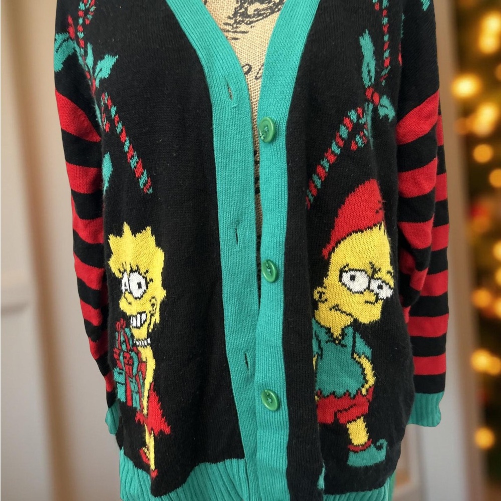 Rare VTG 90s The Simpsons Women’s Large Ugly Cardigan Bart Elf Lisa Presents - Picture 5 of 13